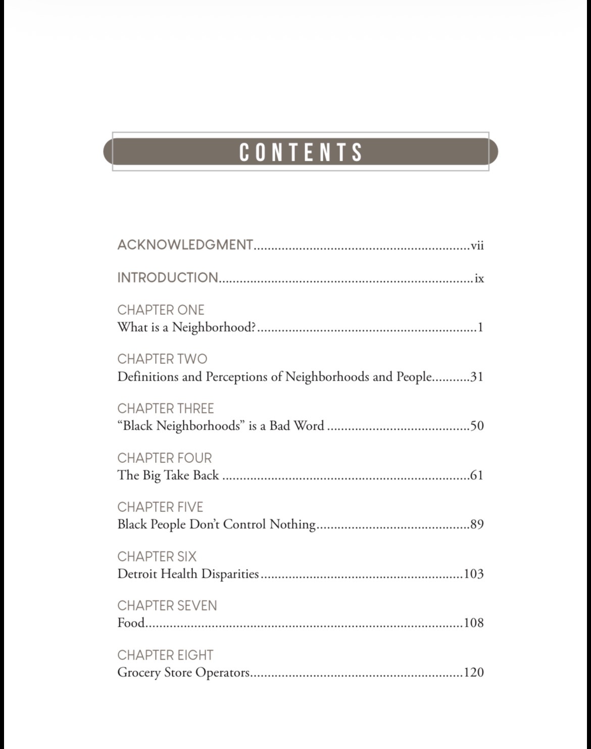 Table of contents, page one: acknowledgment, introduction, and chapters one through eight