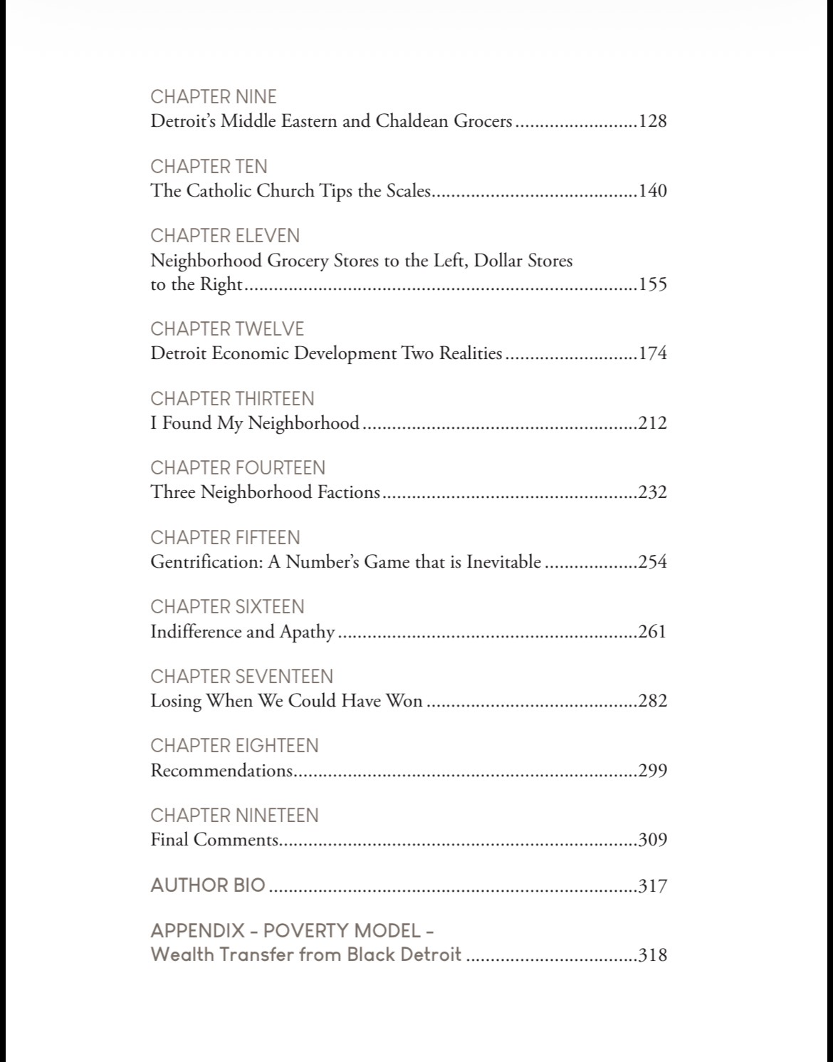 Table of contents, page two: chapters nine through nineteen, author bio, and appendix